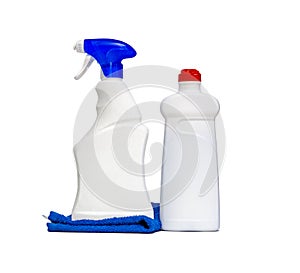 Household chemicals blank plastic bottles isolated on white background. Liquid detergent or soap, stain remover, laundry