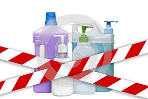 Household chemicals for cleaning the house. Detergents in plastic containers and bottles isolated