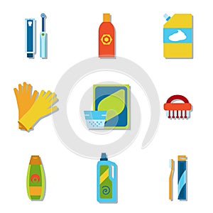 Household chemicals and cleaning supplies bottles vector flat icons