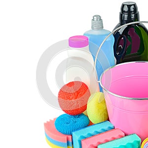 Household chemicals, sponges, napkins bucket for cleaning isolated on white . Free space for text