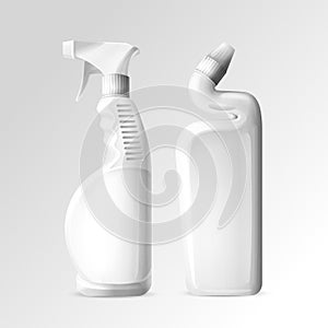 Household chemicals vector illustration of toilet or bathroom cleanser and glass clenser spray 3d realistic bottle