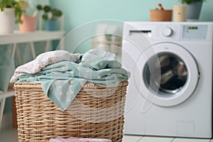 Household chores concept laundry basket beside modern washing machine in blurred background