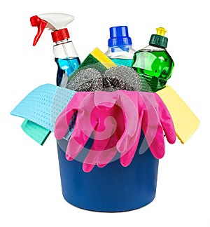 Household cleaners in bucket