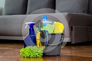 Household cleaners, detergent, rag, rubber gloves, washcloth, brush, cleaning bucket. Means for keeping the house clean