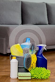 Household cleaners, detergent, rag, rubber gloves, washcloth, brush, cleaning bucket. Means for keeping the house clean