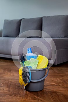 Household cleaners, detergent, rag, rubber gloves, washcloth, brush, cleaning bucket. Means for keeping the house clean