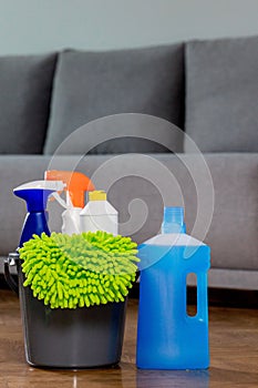 Household cleaners, detergent, rag, rubber gloves, washcloth, brush, cleaning bucket. Means for keeping the house clean