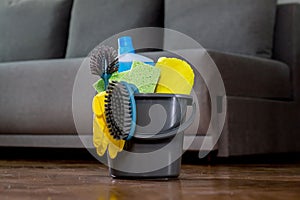 Household cleaners, detergent, rag, rubber gloves, washcloth, brush, cleaning bucket. Means for keeping the house clean