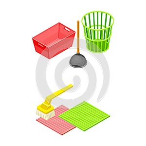 Household Cleaning Equipment with Wastepaper Basket, Sink Plunger and Brush Isometric Vector Composition Set