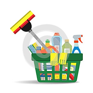 Household cleaning products and accessories in the basket