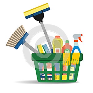 Household cleaning products and accessories in the green basket
