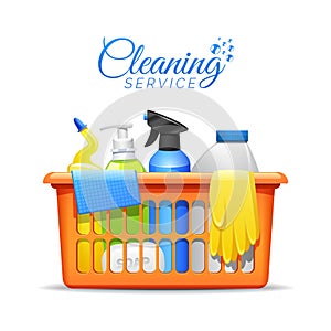 Household Cleaning Products In Basket Illustration