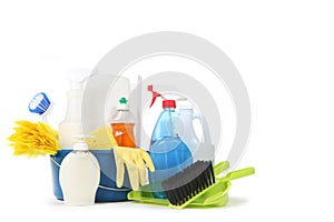 Household Cleaning Products in a Blue Bucket