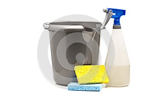 Household cleaning products - spray bottle, bucket and sponges