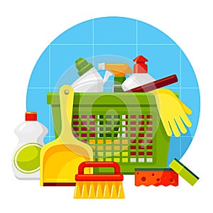 Household cleaning, washing products flat vector illustrations