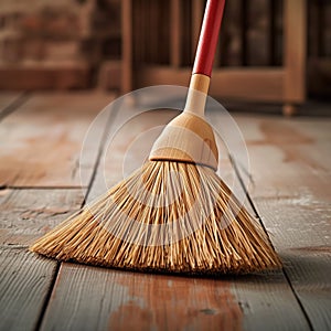 Household cleanliness Broom at work, tackling dirt on dusty flooring