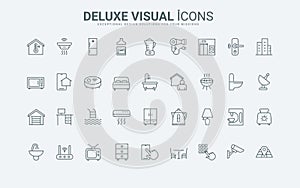 Household equipment, electric appliances for bathroom and kitchen line icons set