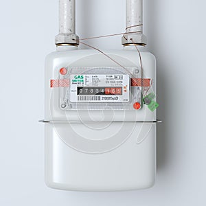 Household gas meter close up on the background of the wall.3D render