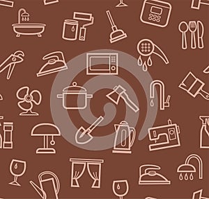 Household goods and appliances, seamless pattern, color, brown.