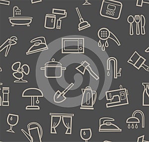 Household goods and appliances, seamless pattern, color, gray.