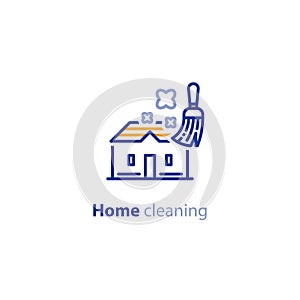 Household and home cleaning services, broom and dust icon