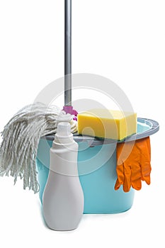 Household Housekeeping Ideas. Set or Collection of Home Cleaning Products and tools Isolated Over White