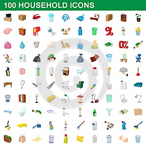 100 household icons set, cartoon style