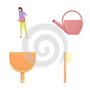 Household icons set cartoon vector. Woman doing household chore photo