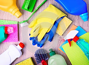 Household items,cleaning supplies upper view.