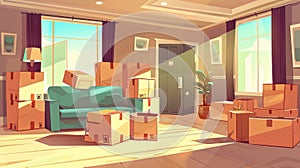 Household items packed in cardboard boxes for relocation concept. Modern cartoon illustration of a light dwelling with