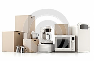 Household kitchen appliances and home electronics in carboard boxes isolated on white. AI generated