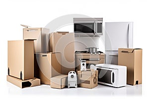 Household kitchen appliances and home electronics in carboard boxes isolated on white. AI generated