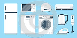 Household kitchen appliances isolated on blue background.