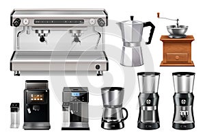 Household kitchen appliances set. Coffee maker, percolator coffee pot, professional coffee machine, siphon coffee, Retro coffee