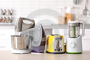Household and kitchen appliances on table