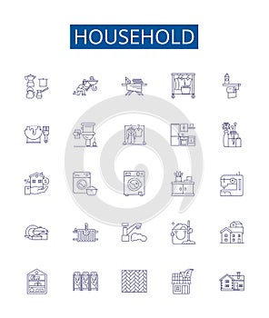 Household line icons signs set. Design collection of Home, Dwelling, Furniture, Appliances, Cleaning, Washing, Cooking