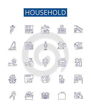 Household line icons signs set. Design collection of Home, Dwelling, Furniture, Appliances, Cleaning, Washing, Cooking