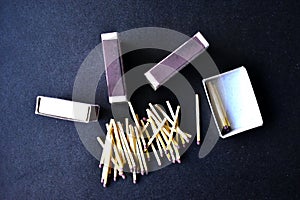 Household matches and boxes for lighting on a blue background photo