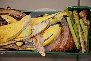 Household organic rests, from fruits and vegetables and oil bread in a small container ready to be composted