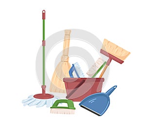 Household plastic tools such as broom, mop, bucket, scoop and brushes for cleanup. Manual domestic supplies for sweeping