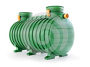 Household plastic two-chamber septic tank on white