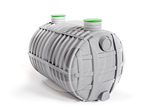 Household plastic two-chamber septic tank on white