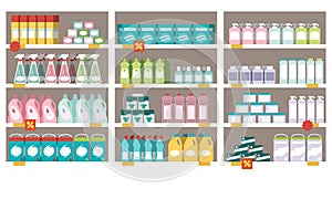 Household products on the supermarket shelves photo