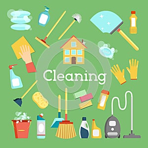 Household supplies and house cleaning flat icons collection. Minimal vector graphics set. Flat design concept for web site, printe