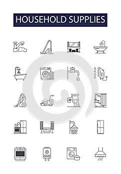 Household supplies line vector icons and signs. Cleaning, Paper, Kitchen, Dentrifice, Soap, Detergent, Storage, Utensils