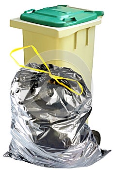 Garbage bin and garbage bag on white background