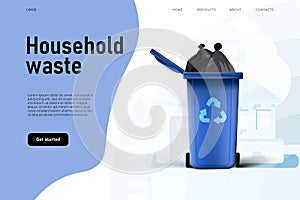 Household waste at the garbage container, landing page template. Environmental protection.