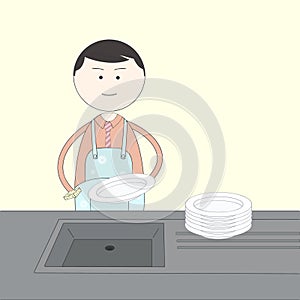householder in an apron washes dishes in a linear style
