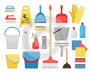 Householding cleaning tools. Housekeeping tool icons for home and office cleaning, bucket and foam, detergent bottles