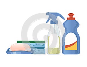 Households chemical liquid in plastic bottle with and sponge vector illustration isolated on white background